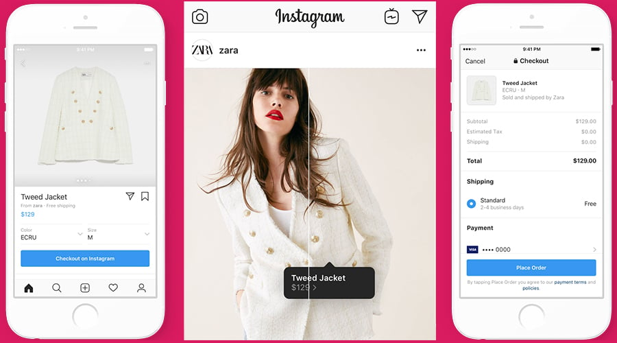 INSTAGRAM SHOPPING ADVERTISEMENT EXAMPLE FROM ZARA FEATURING A WHITE BUTTON UP JACKET